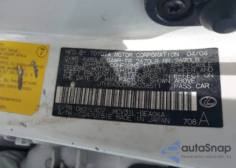 2004 Lexus Es 330 z USA, uszkodzony, nr VIN JTHBA30GX45038511